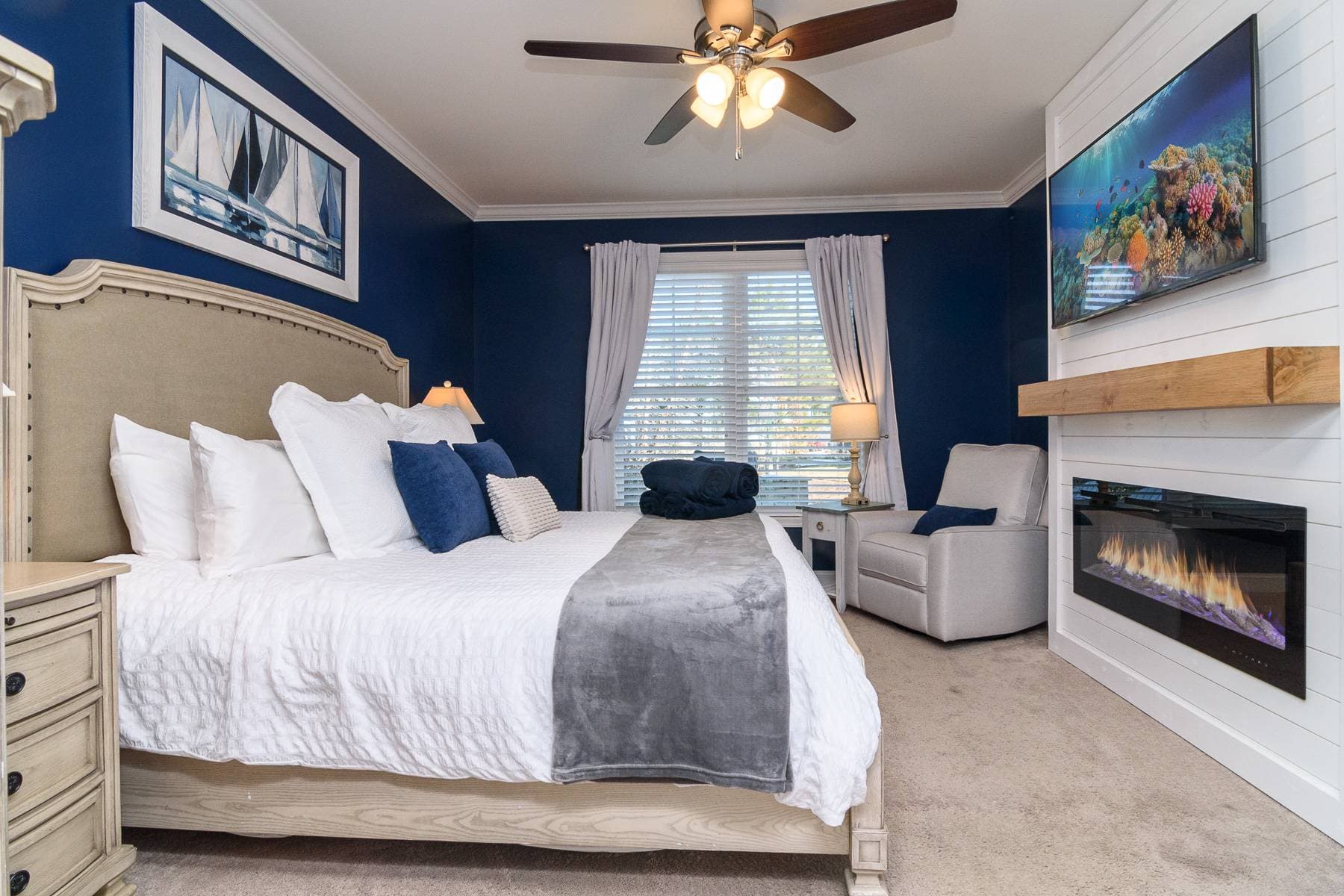 The electric fireplace can be used with or without heat to add a romantic ambiance in the 1st flr master bedroom.